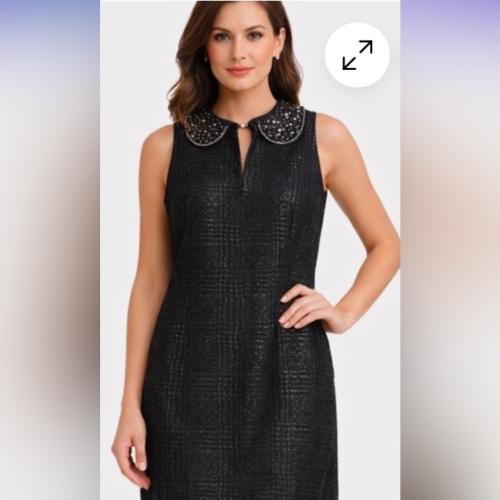 Laundry Shelli Segal Black Cocktail Shift Dress Beaded Collar‎ Textured Size 6
